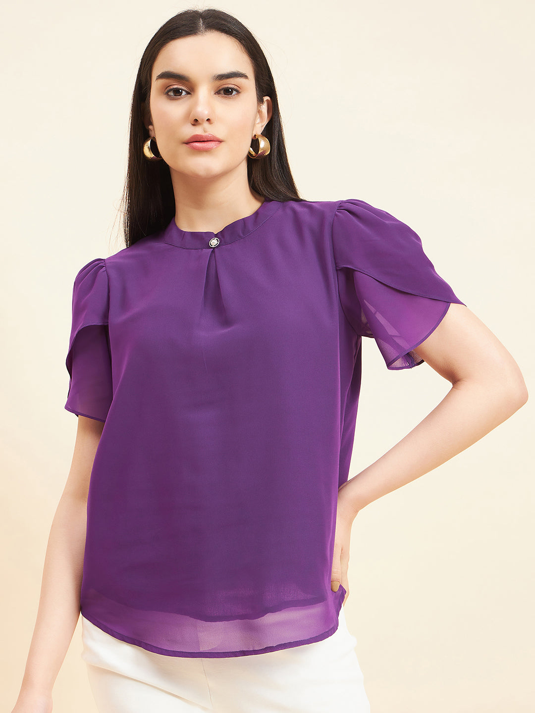Gipsy Women Solid Button Georgette Voilet Top
