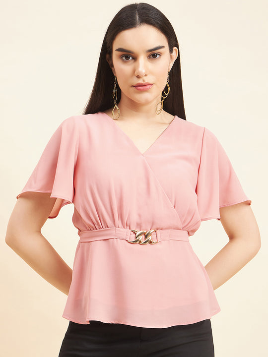 Gipsy Women Solid Belt Buckle Georgette Light Pink Top