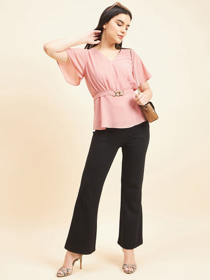 Gipsy Women Solid Belt Buckle Georgette Light Pink Top