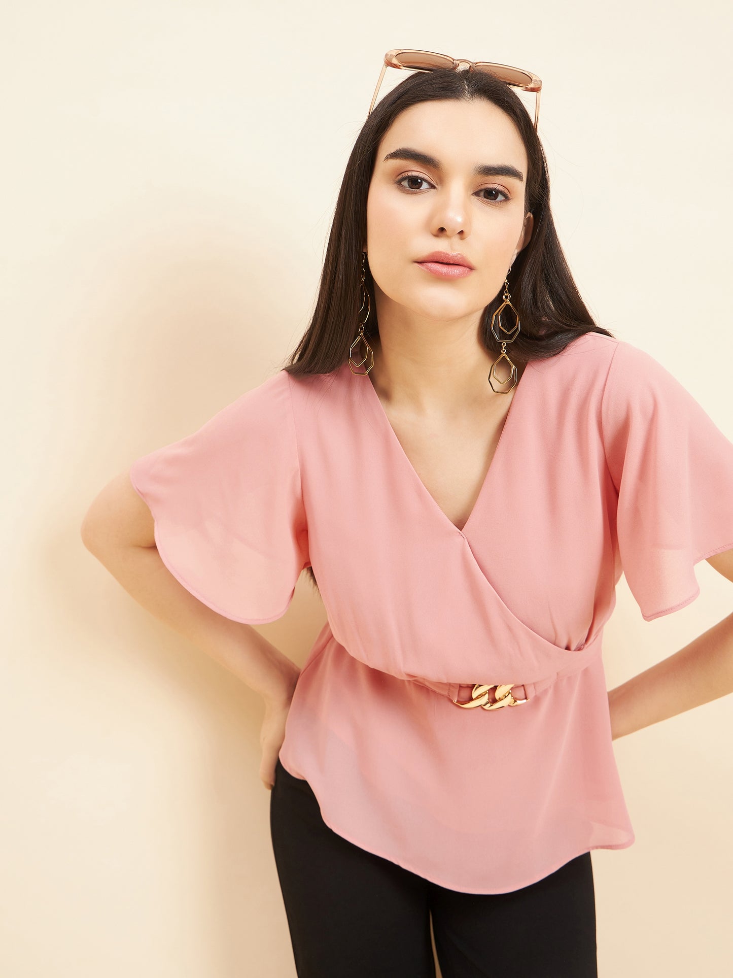 Gipsy Women Solid Belt Buckle Georgette Light Pink Top