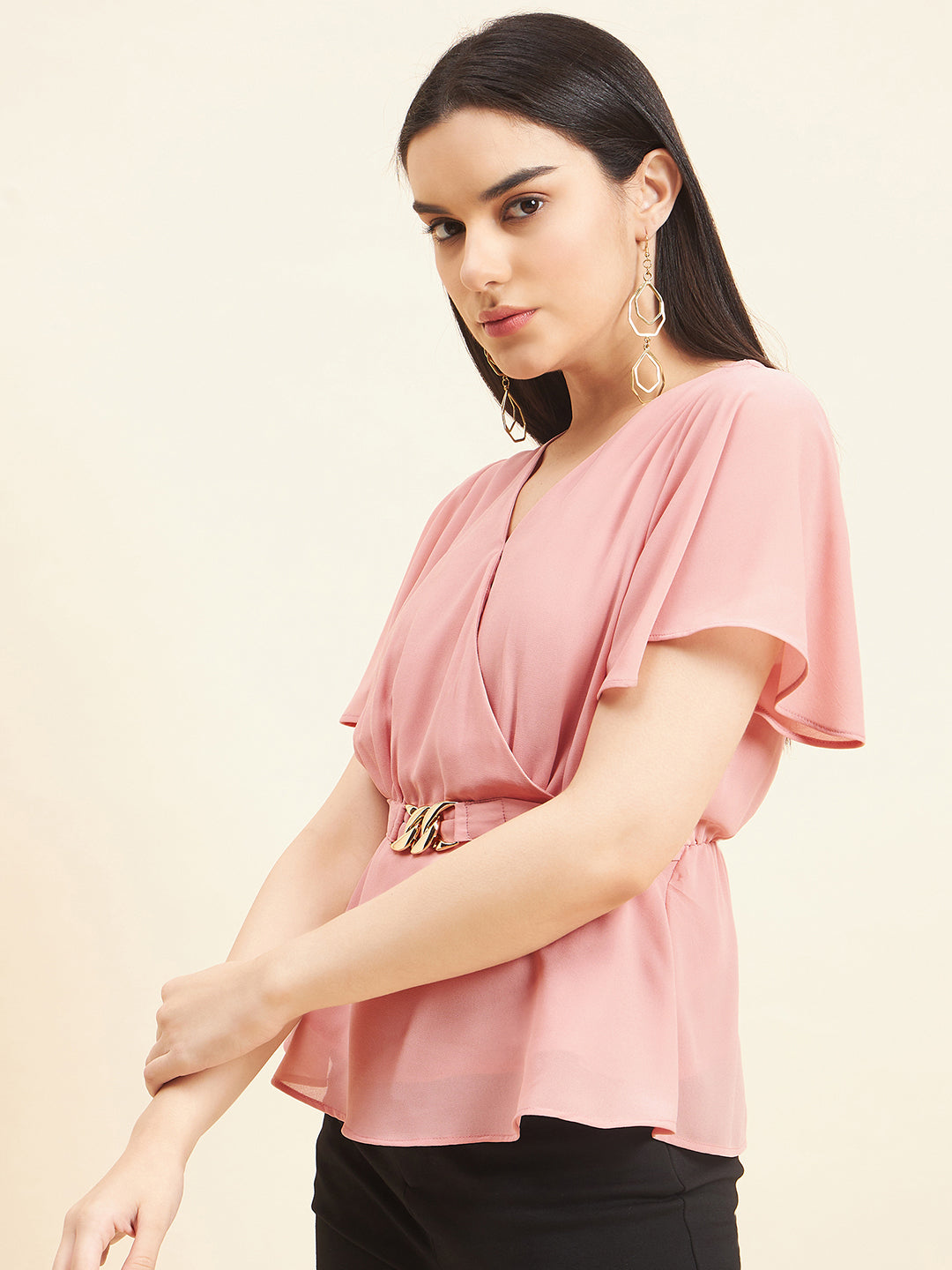 Gipsy Women Solid Belt Buckle Georgette Light Pink Top