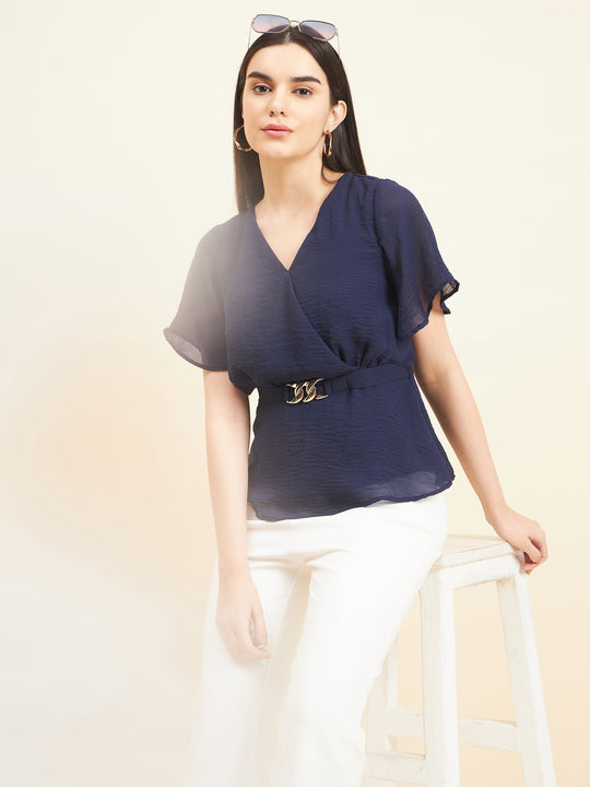 Gipsy Women Solid Belt Buckle Georgette Navy Top
