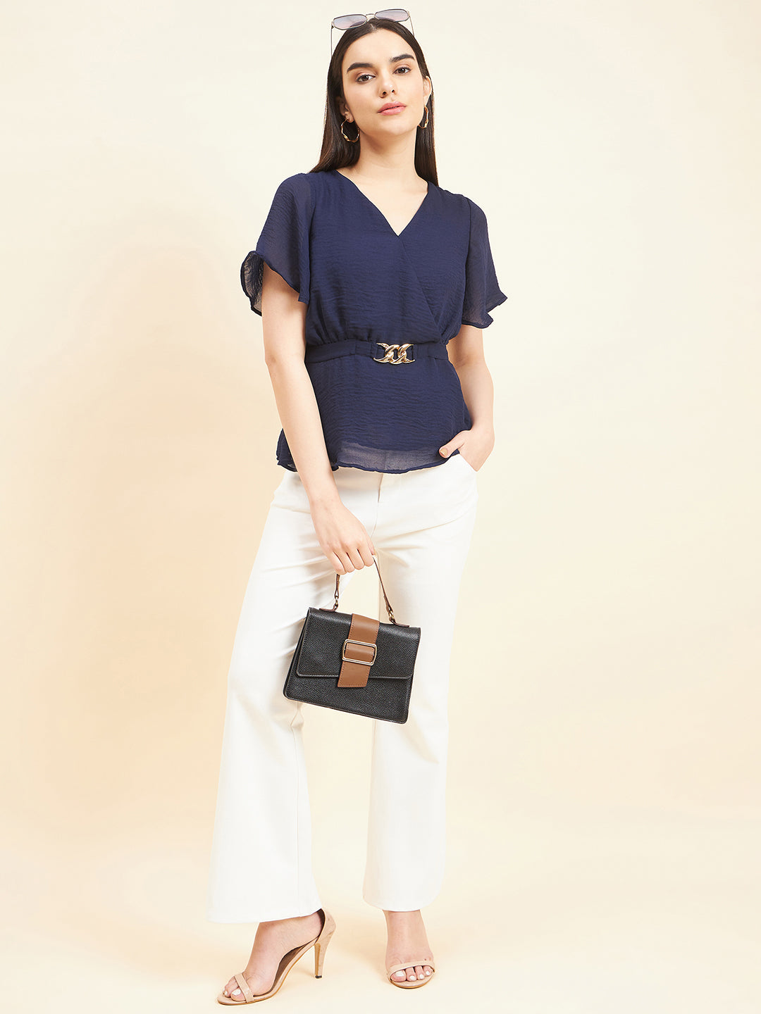 Gipsy Women Solid Belt Buckle Georgette Navy Top