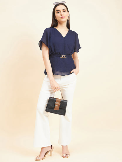 Gipsy Women Solid Belt Buckle Georgette Navy Top
