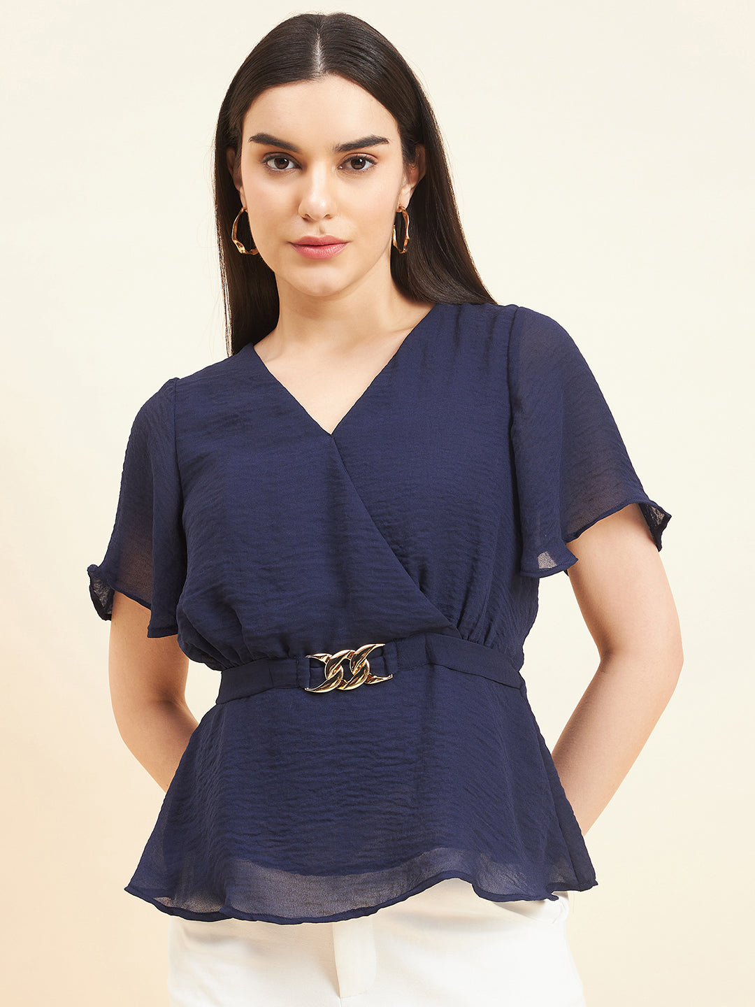 Gipsy Women Solid Belt Buckle Georgette Navy Top