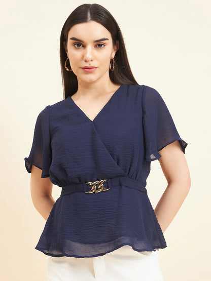 Gipsy Women Solid Belt Buckle Georgette Navy Top