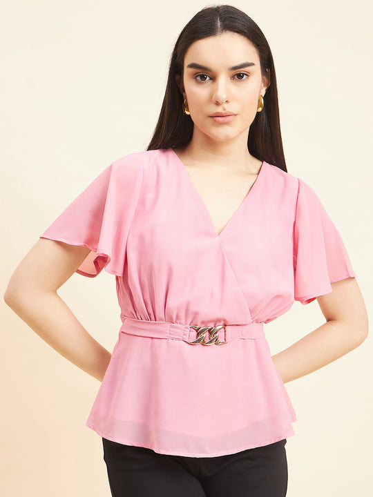Gipsy Women Solid Belt Buckle Georgette Pink Top