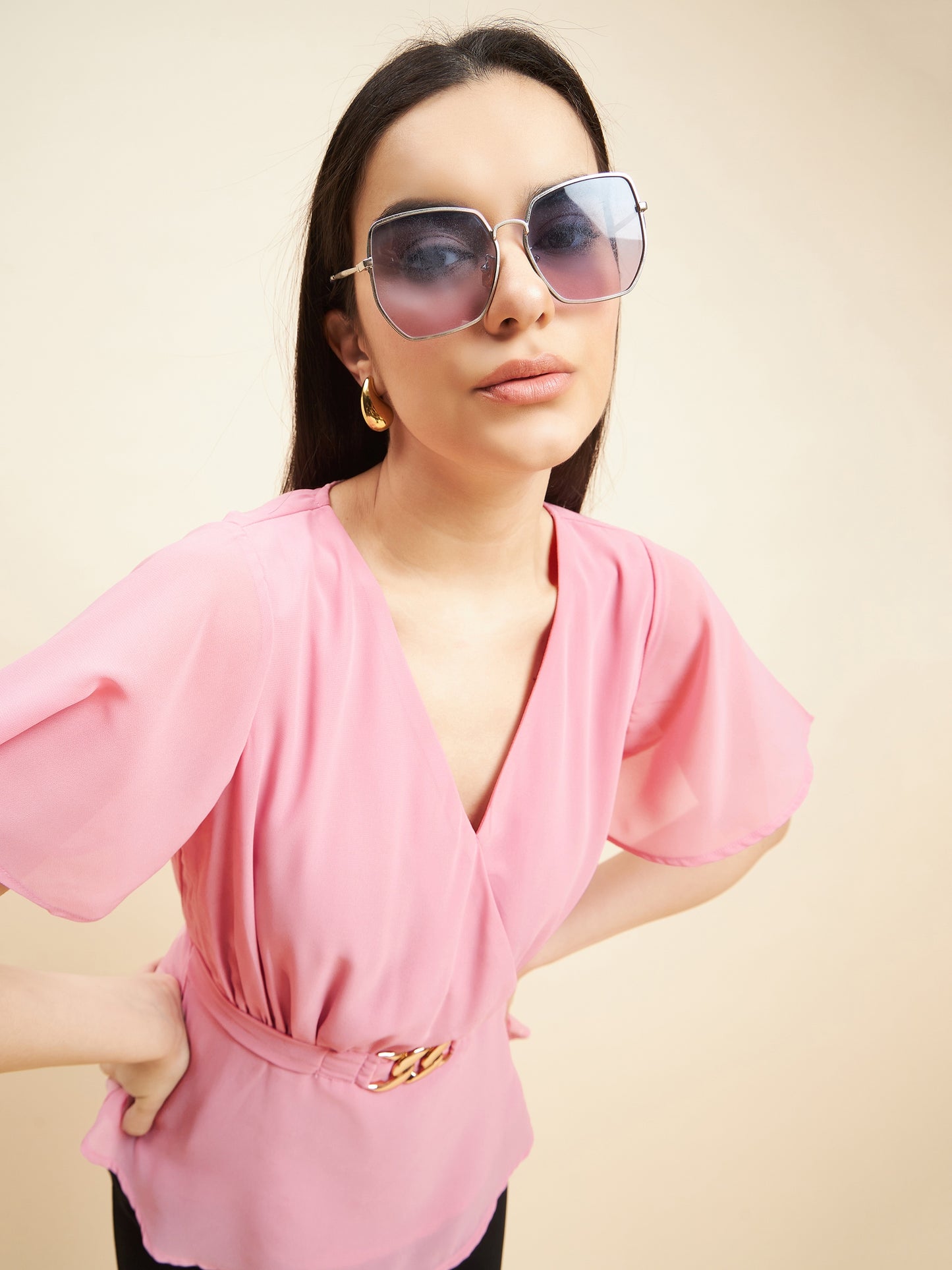 Gipsy Women Solid Belt Buckle Georgette Pink Top