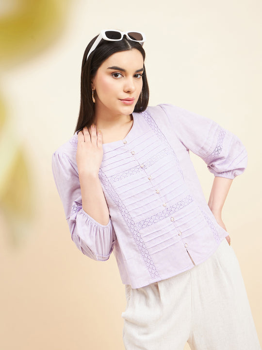 Gipsy Women Solid Lace Cotton Lilac Top