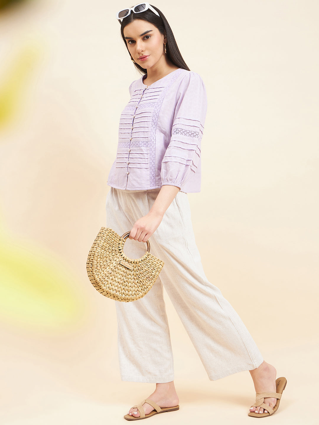 Gipsy Women Solid Lace Cotton Lilac Top