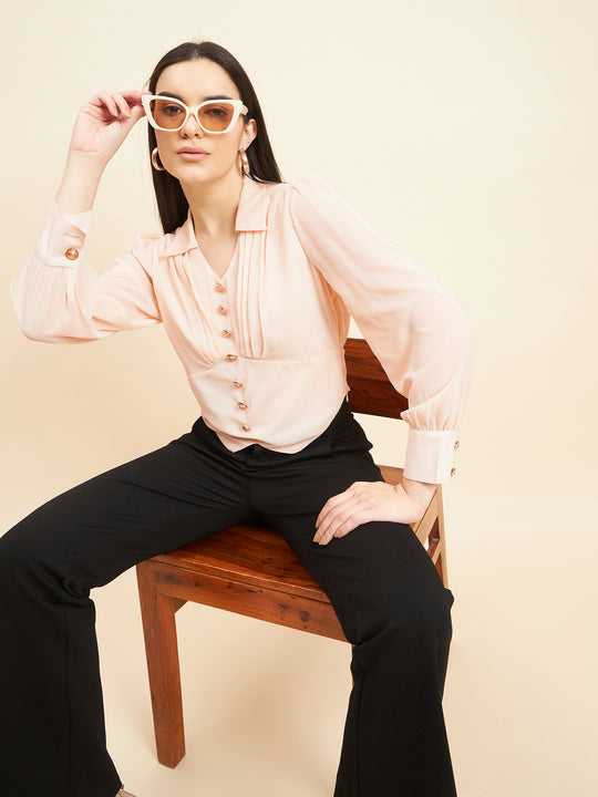 Gipsy Women Solid Button Georgette Natural Top