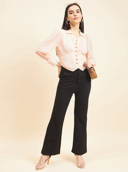 Gipsy Women Solid Button Georgette Natural Top