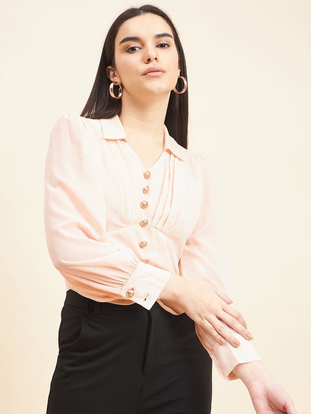 Gipsy Women Solid Button Georgette Natural Top