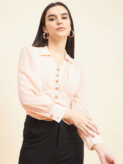 Gipsy Women Solid Button Georgette Natural Top