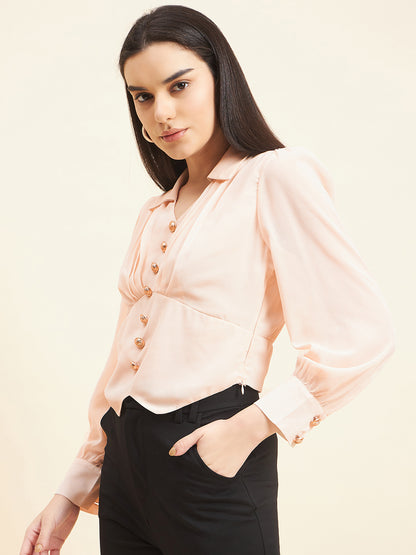 Gipsy Women Solid Button Georgette Natural Top