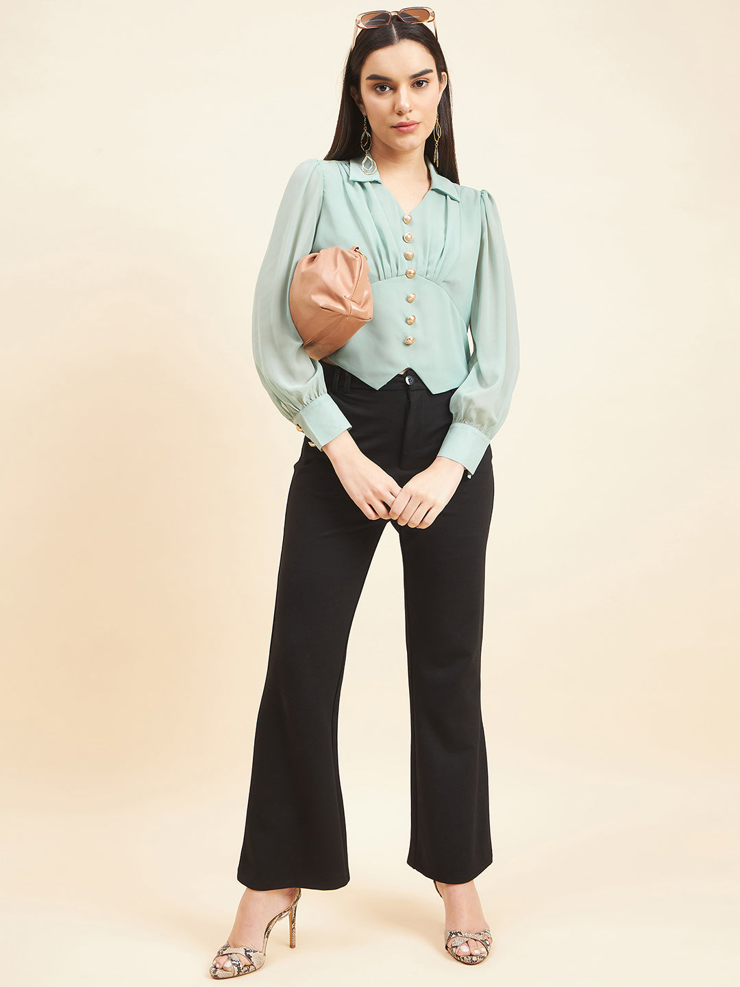 Gipsy Women Solid Button Georgette Pastel Green Top