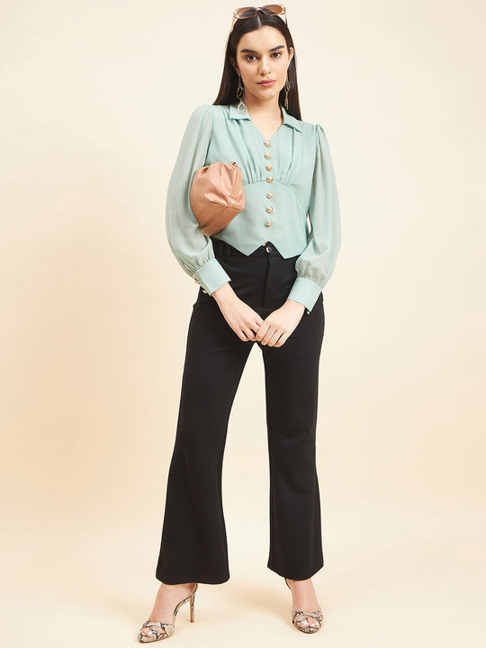 Gipsy Women Solid Button Georgette Pastel Green Top