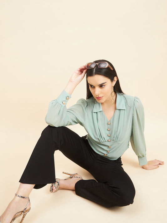 Gipsy Women Solid Button Georgette Pastel Green Top