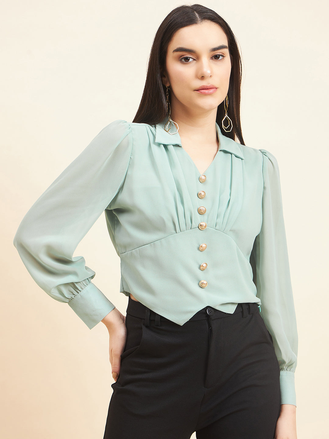 Gipsy Women Solid Button Georgette Pastel Green Top