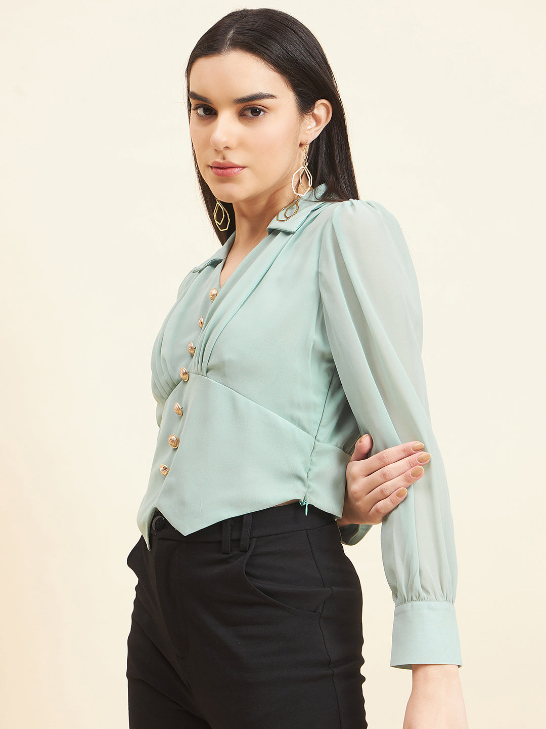 Gipsy Women Solid Button Georgette Pastel Green Top