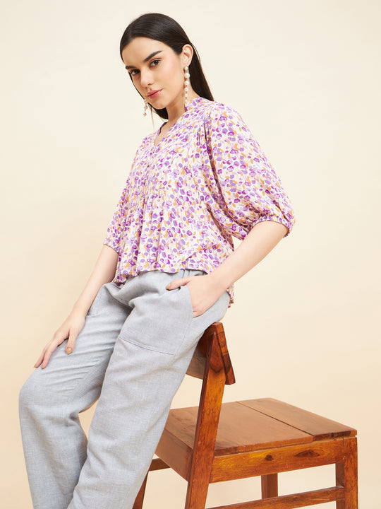 Gipsy Women Printed Button Rayon Purple Top