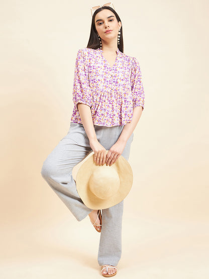 Gipsy Women Printed Button Rayon Purple Top