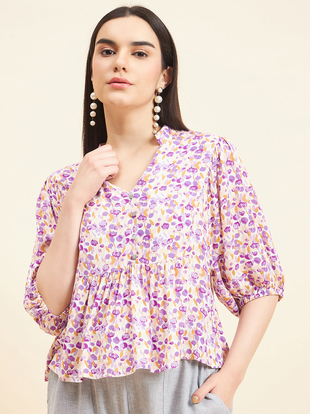 Gipsy Women Printed Button Rayon Purple Top