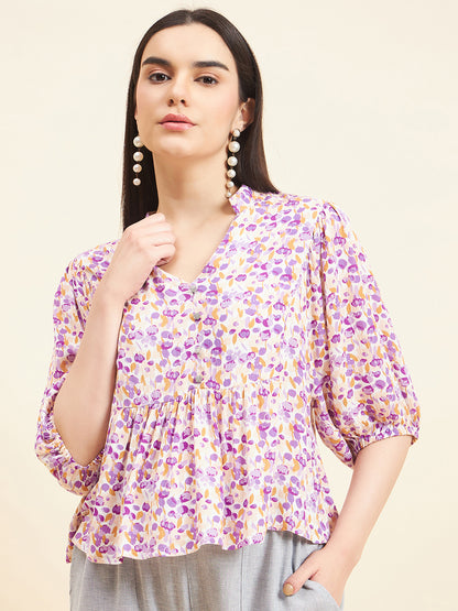 Gipsy Women Printed Button Rayon Purple Top