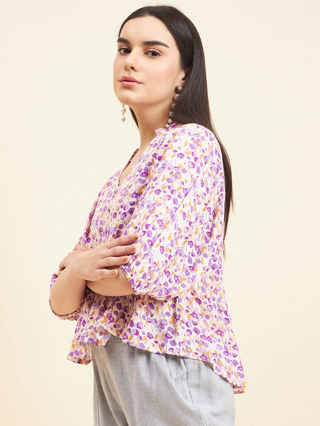 Gipsy Women Printed Button Rayon Purple Top