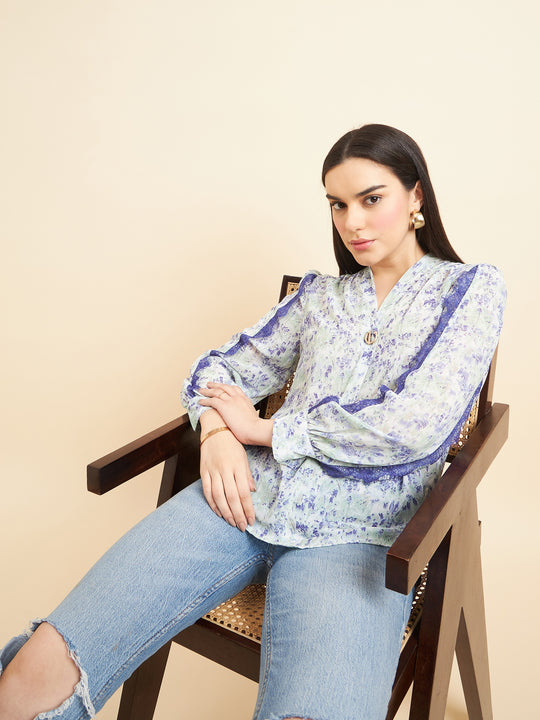 Gipsy Women Printed Lace Georgette Blue Top