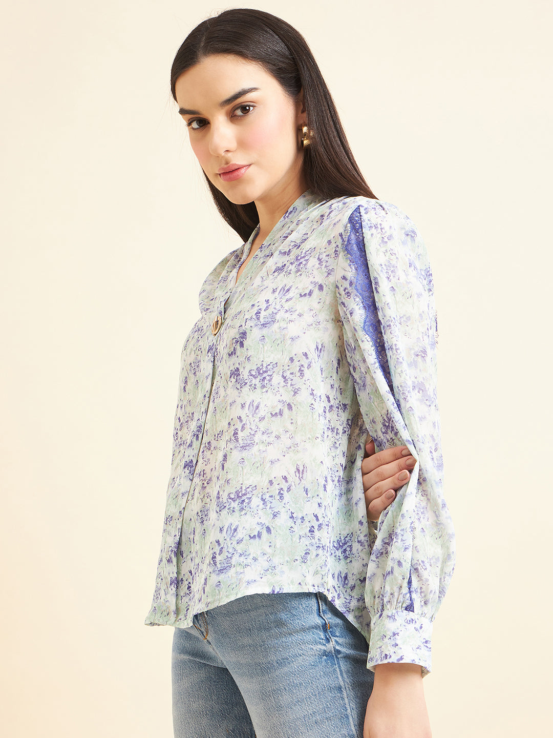 Gipsy Women Printed Lace Georgette Blue Top