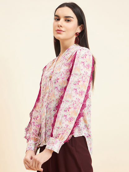Gipsy Women Printed Lace Georgette Pink Top
