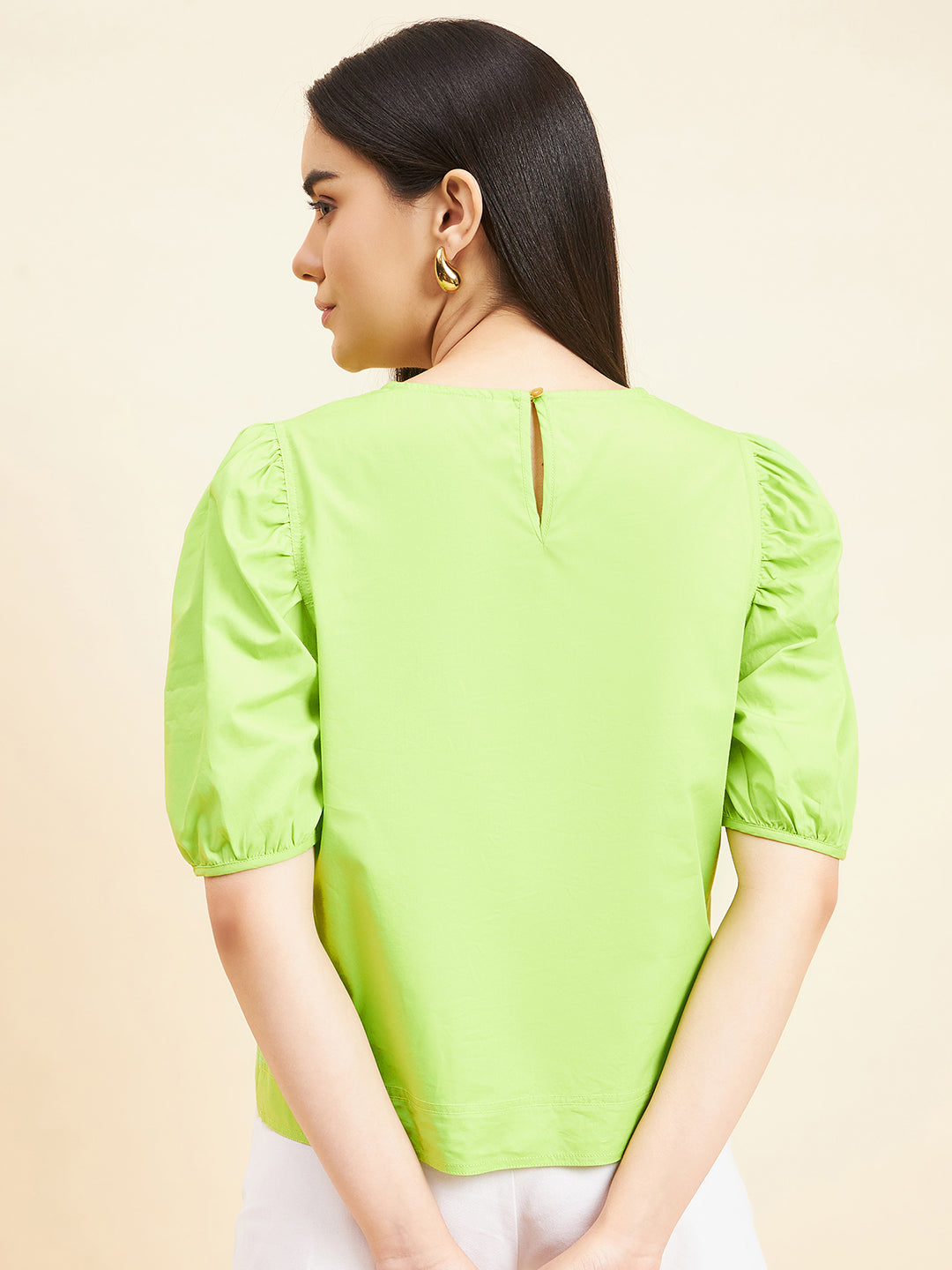 Gipsy Women Solid Cotton Neon Green Top
