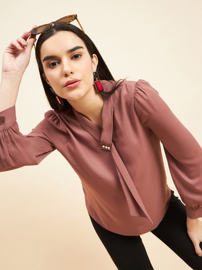 Gipsy Women Solid Front Tie Georgette Mocca Top