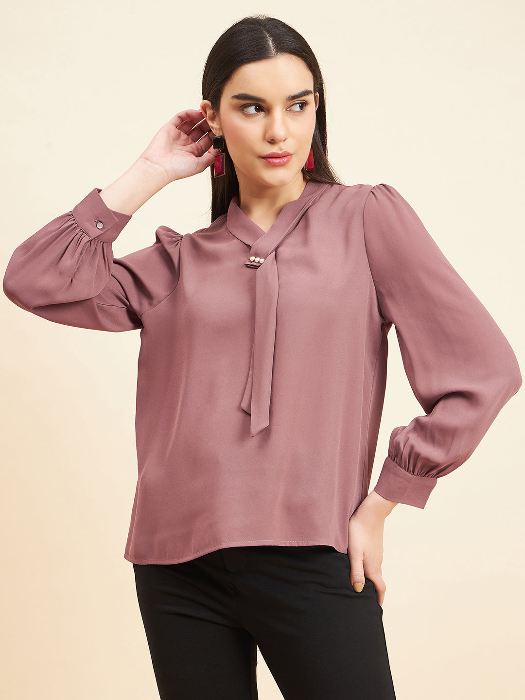 Gipsy Women Solid Front Tie Georgette Mocca Top