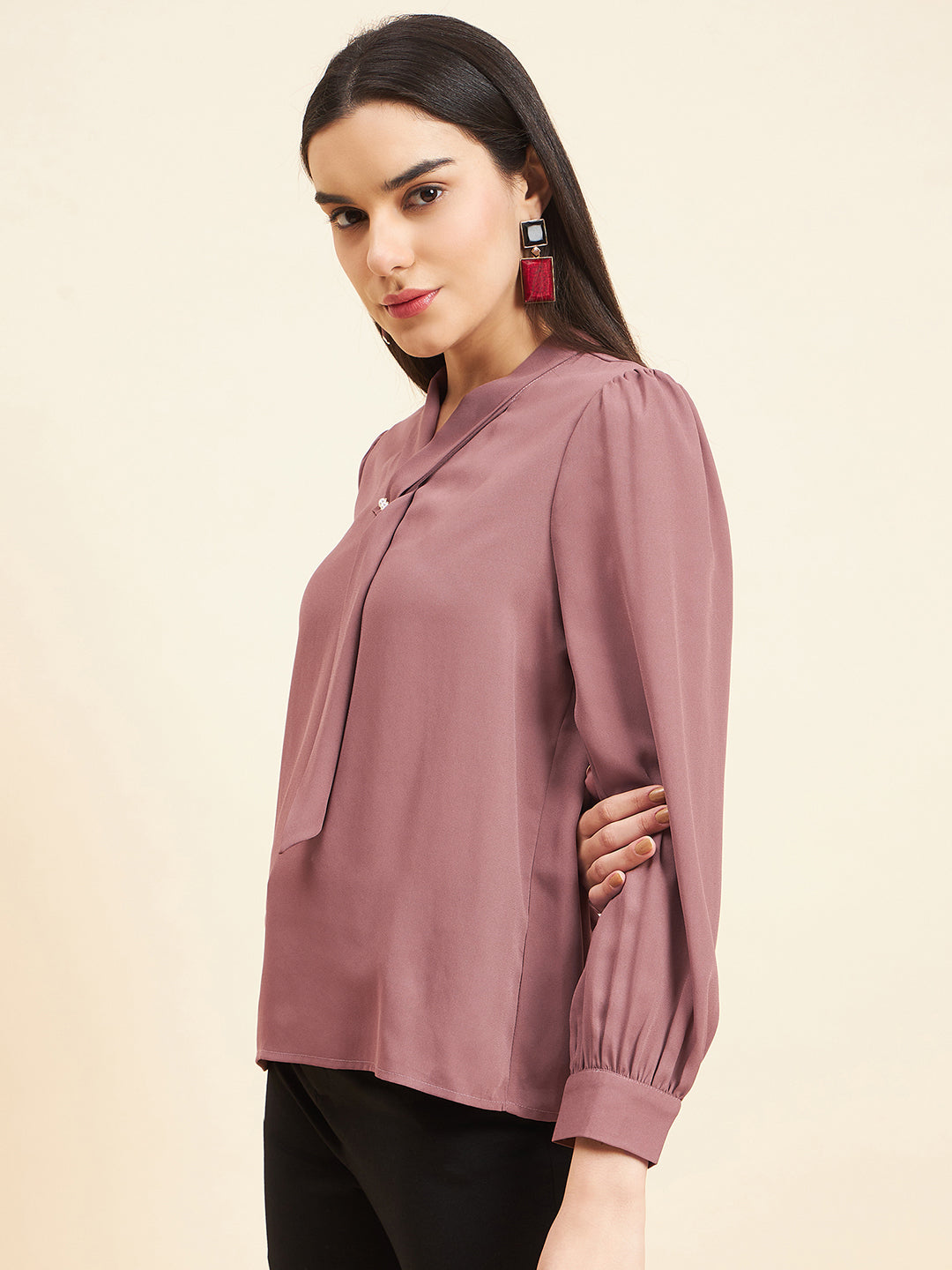 Gipsy Women Solid Front Tie Georgette Mocca Top
