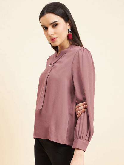 Gipsy Women Solid Front Tie Georgette Mocca Top
