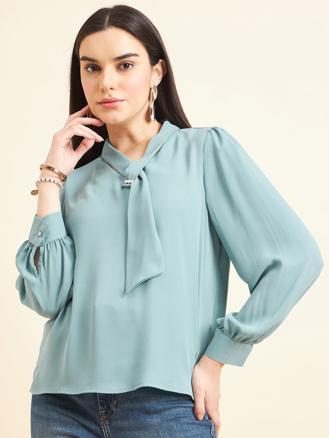 Gipsy Women Solid Front Tie Georgette Sage Green Top