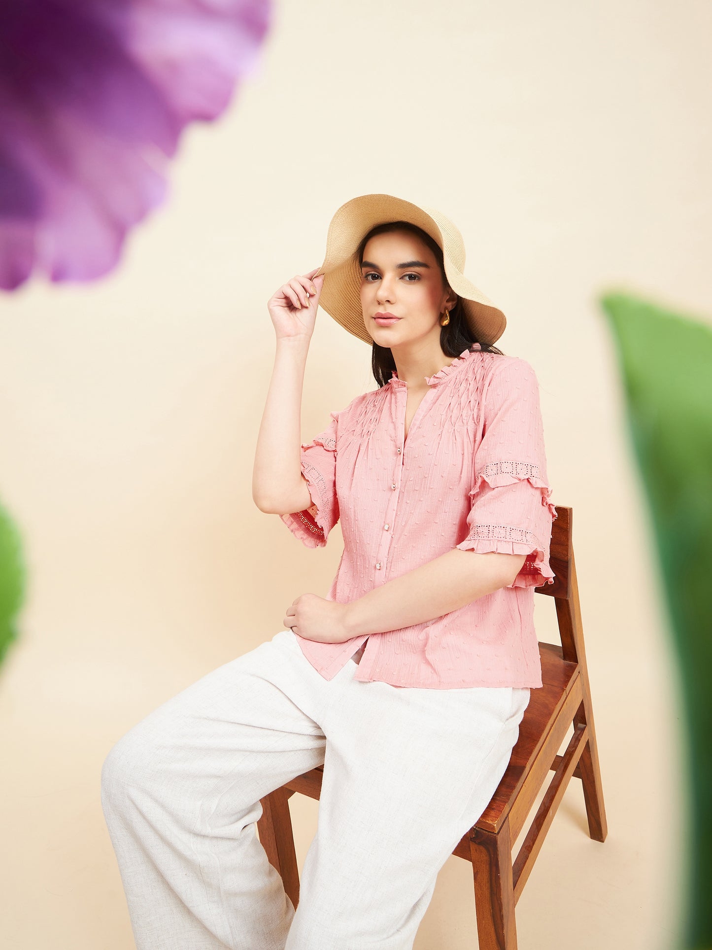 Gipsy Women Solid Lace Cotton Blush Pink Top