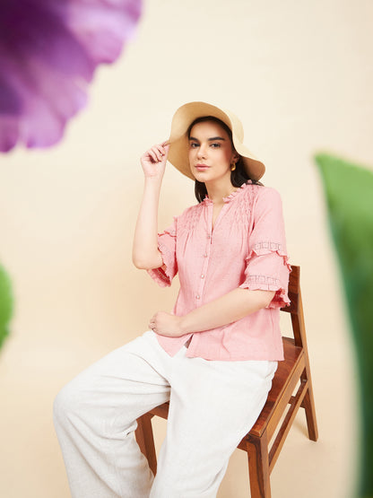 Gipsy Women Solid Lace Cotton Blush Pink Top