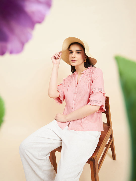 Gipsy Women Solid Lace Cotton Blush Pink Top