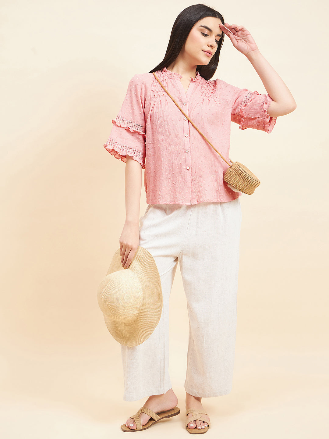 Gipsy Women Solid Lace Cotton Blush Pink Top