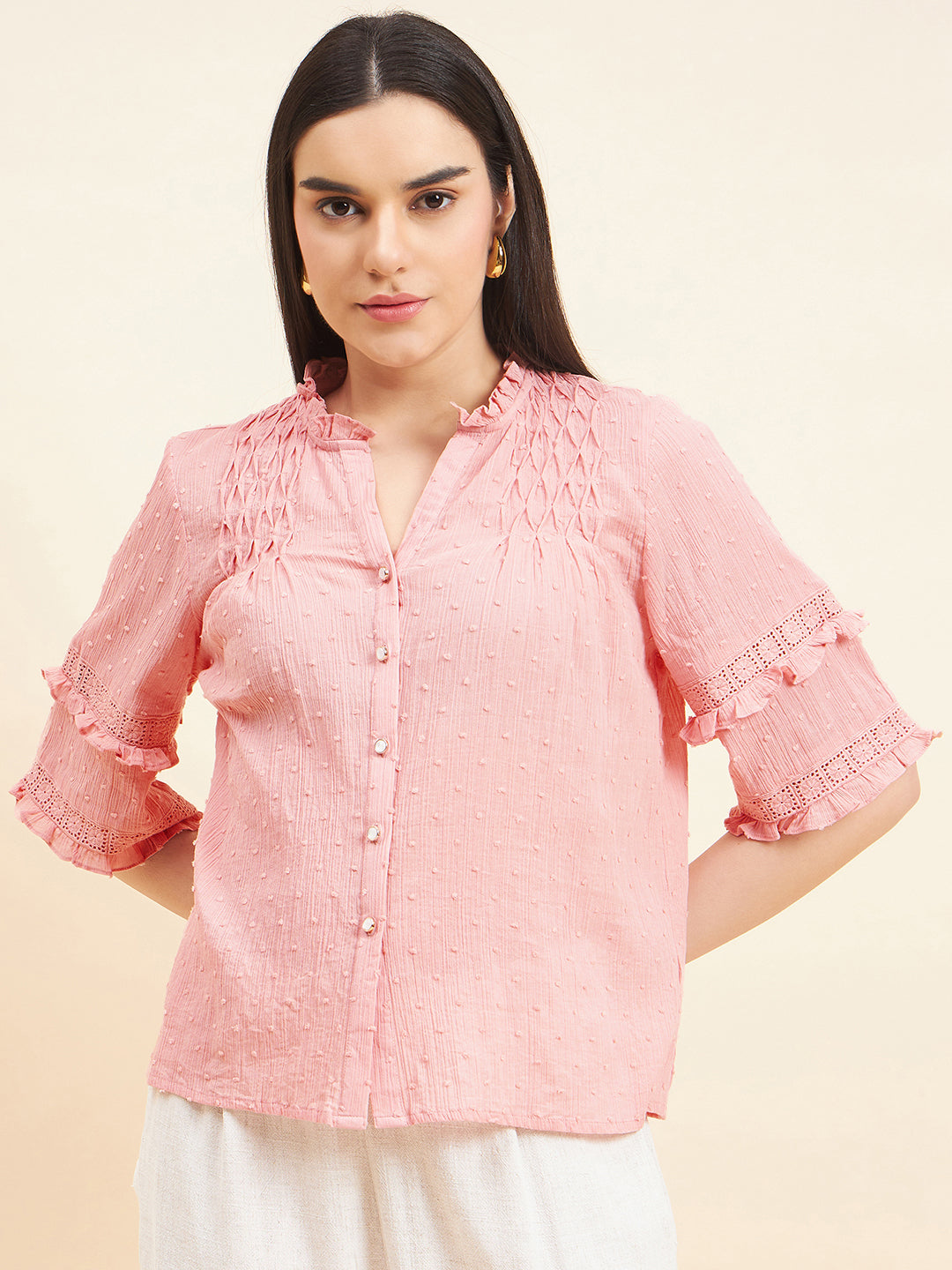 Gipsy Women Solid Lace Cotton Blush Pink Top
