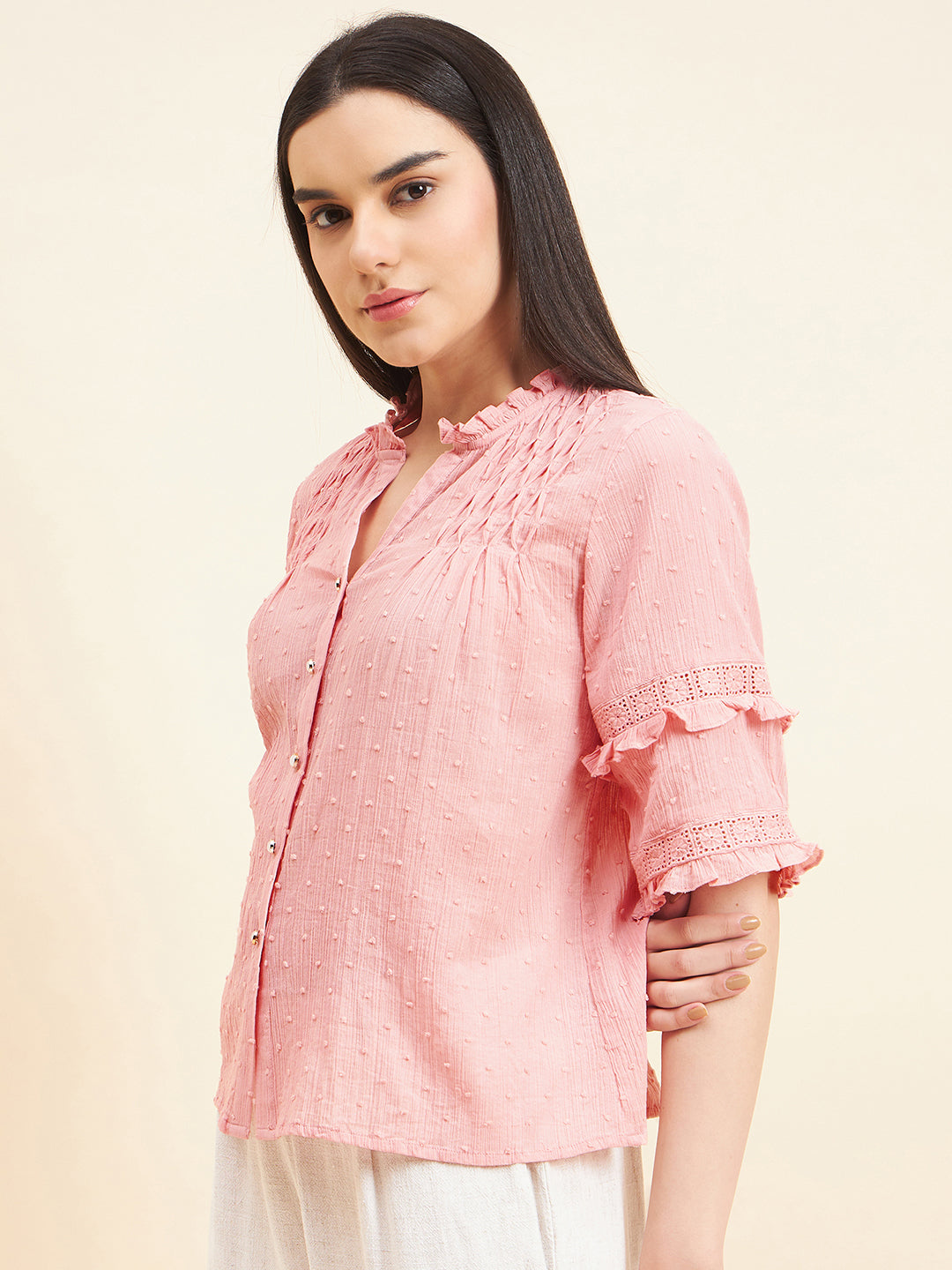Gipsy Women Solid Lace Cotton Blush Pink Top