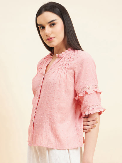 Gipsy Women Solid Lace Cotton Blush Pink Top