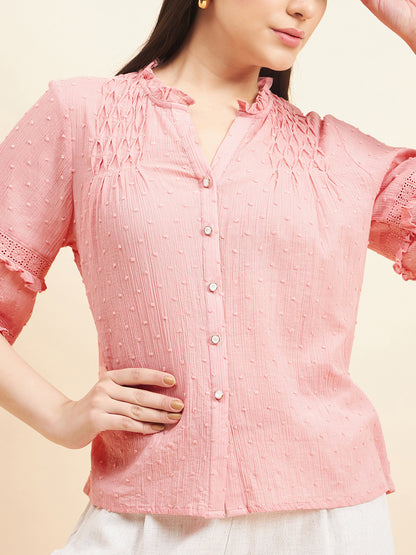 Gipsy Women Solid Lace Cotton Blush Pink Top