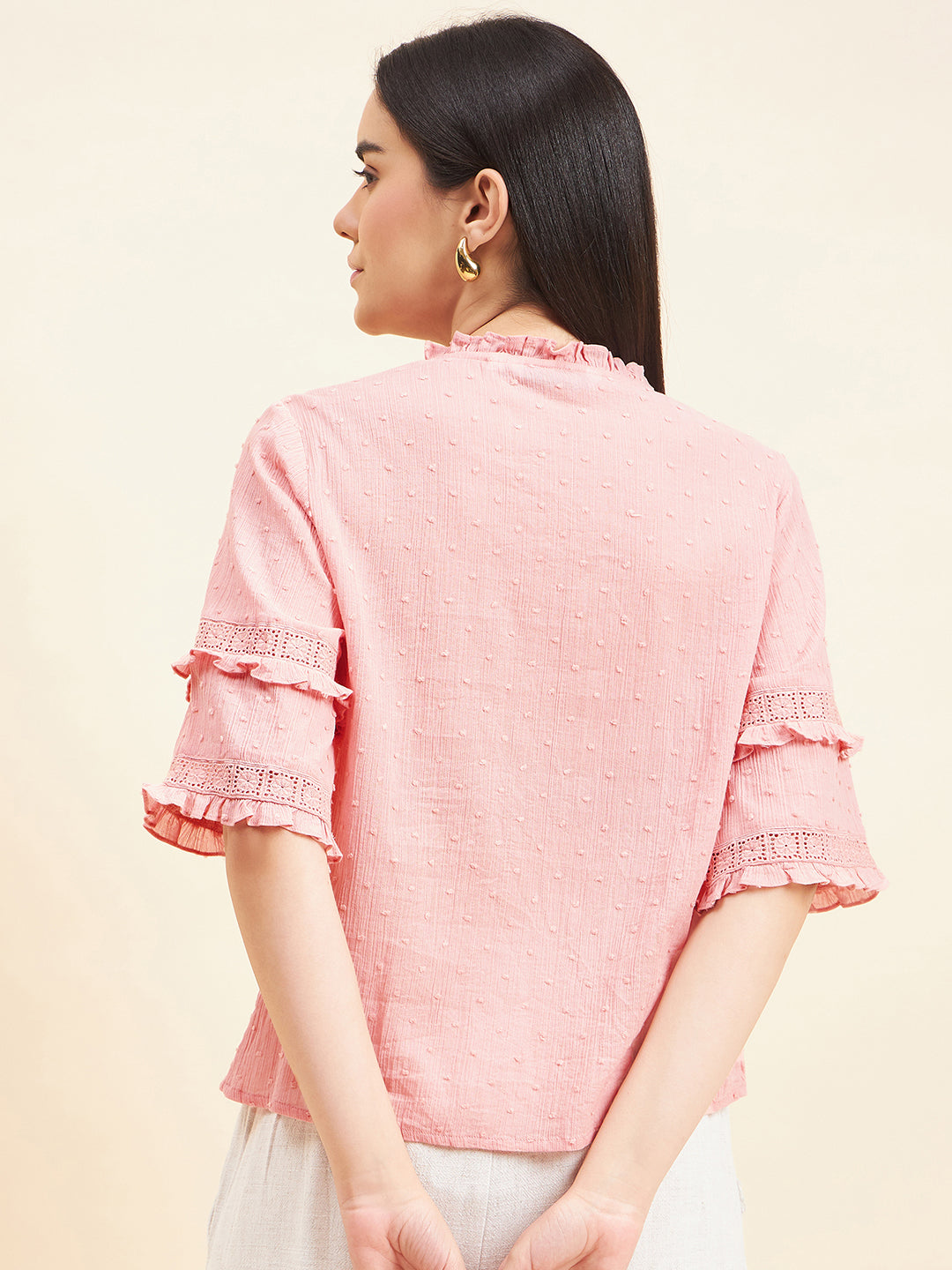 Gipsy Women Solid Lace Cotton Blush Pink Top