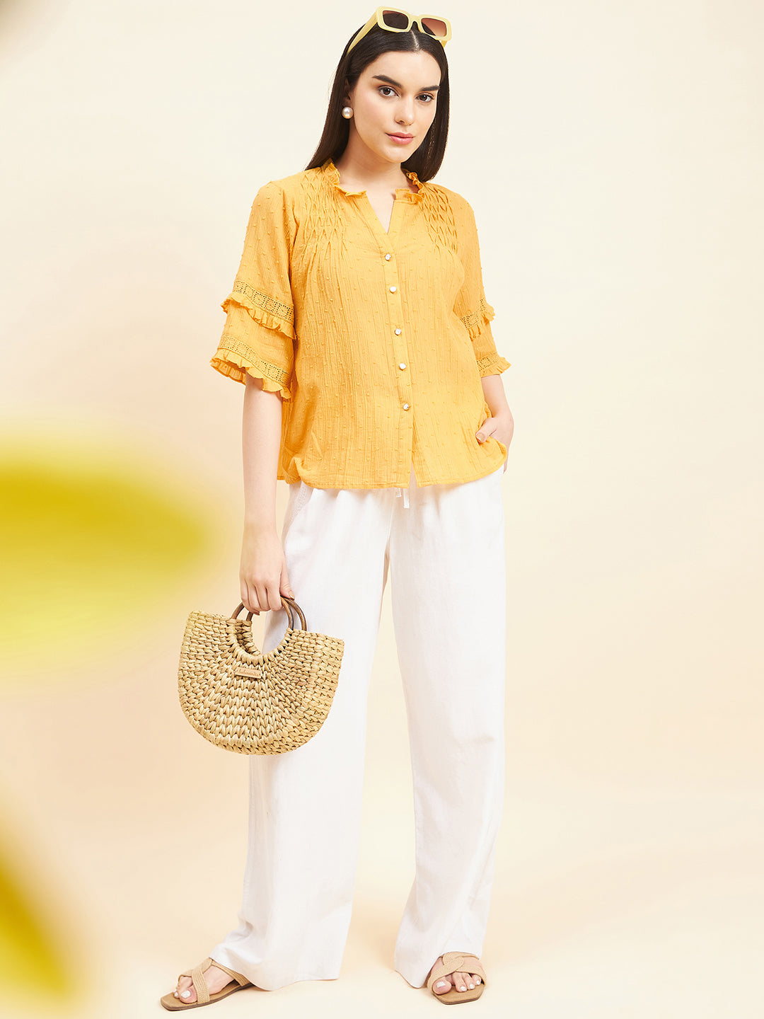 Gipsy Women Solid Lace Cotton Yellow Top