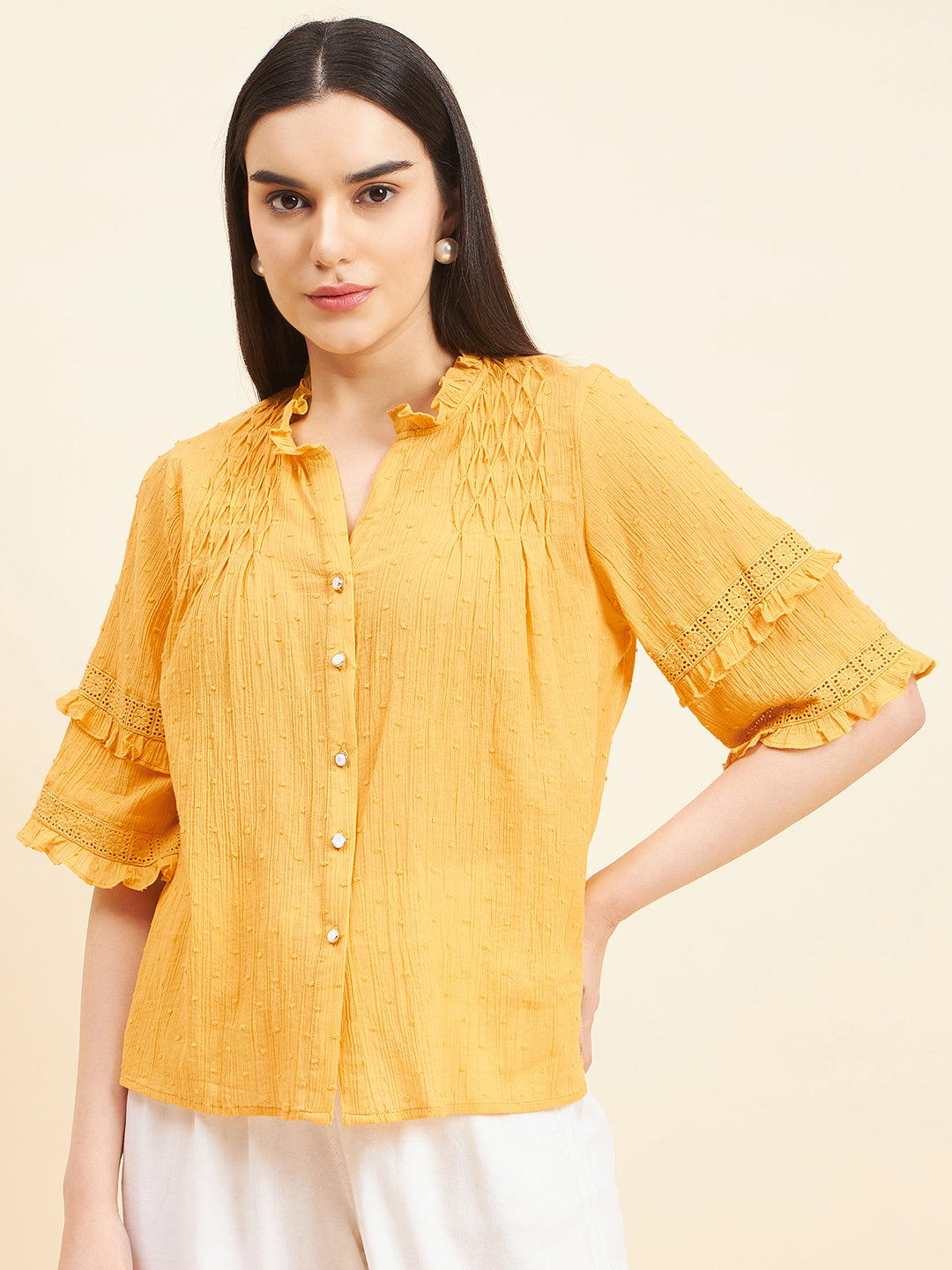 Gipsy Women Solid Lace Cotton Yellow Top