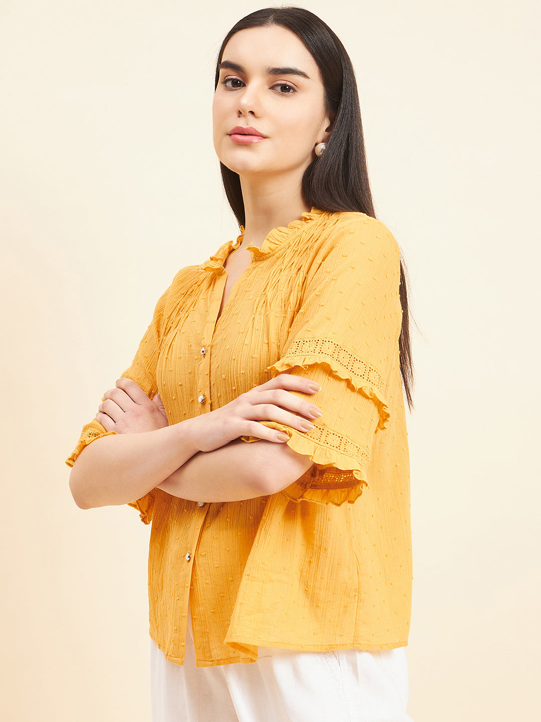 Gipsy Women Solid Lace Cotton Yellow Top